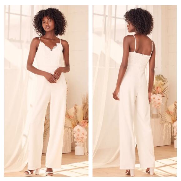 Lulus Timeless Romance White Lace Wide-Leg Jumpsuit Medium - Picture 1 of 7